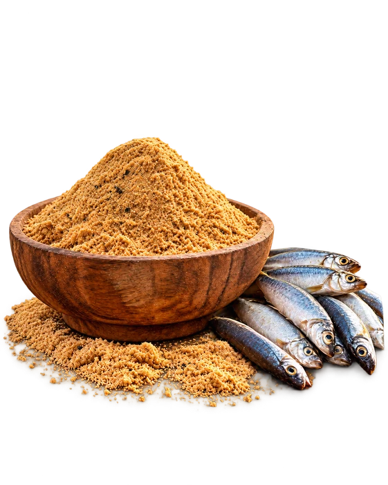 Steam dried fish meal in a wooden bowl with sardines