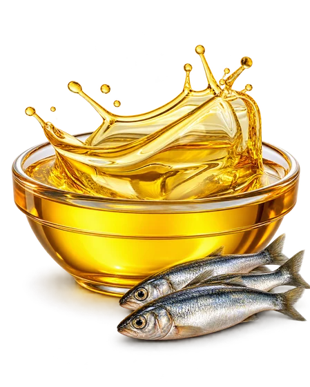 Crude fish oil splashing in a glass with sardines