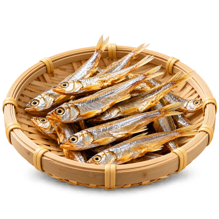 Sun-dried Indian oil sardines in a bamboo basket